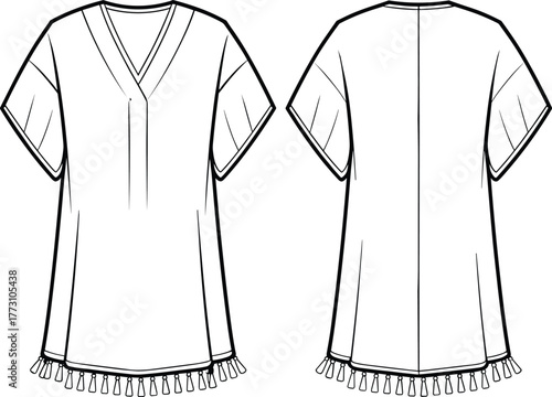 Women’s tassel hem v neck top front and back view, short sleeve garment fashion template, clothing flat sketch outline, cad drawing flat vector illustration