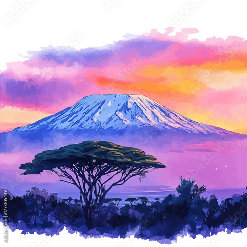 Mount Kilimanjaro, watercolor painting vector, isolated on a white background.