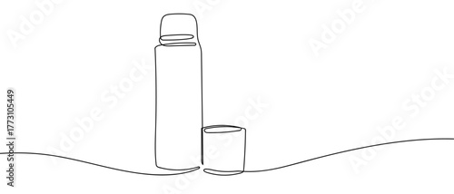 Thermal flask with lid open, one continuous line outline isolated vector illustration Editable stroke.