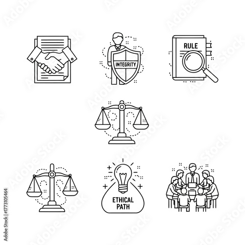 Ethical Business Integrity Legal Rule Justice Compliance Regulation Agreement Icons Vector