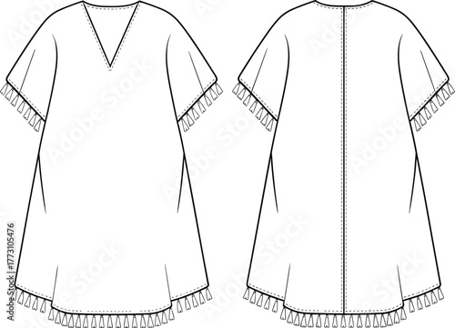 Loose fit tassel fringe dress front and back view, v neck tunic garment fashion template, flared silhouette clothing flat sketch, cad drawing flat vector illustration