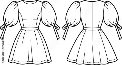 Fashion dress technical flat sketch, front and back view garment design, puff sleeve silhouette, waistline detail, apparel construction drawing