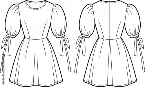 Dress front and back technical drawing, fitted bodice with round neckline, puff sleeves tied at elbow, flared skirt panels, cad drawing flat vector illustration