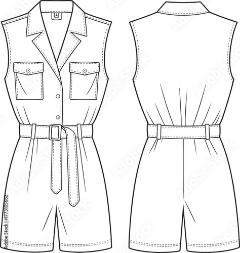 Sleeveless belted romper front and back technical drawing, notched collar with button front, chest flap pockets, waist tie shorts design