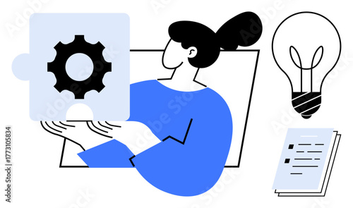 Woman holding a gear puzzle piece, symbolizing problem-solving and collaboration. Nearby objects include a glowing light bulb for innovation and a document for organization. Ideal for teamwork