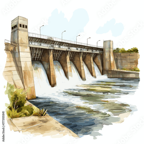 Itaipu Dam. Itaipu Dam hand drawn watercolor illustration