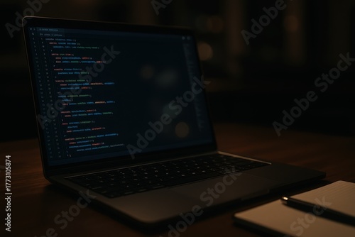 Wallpaper Mural Laptop with glowing code in modern office highlighting cybersecurity and development Torontodigital.ca