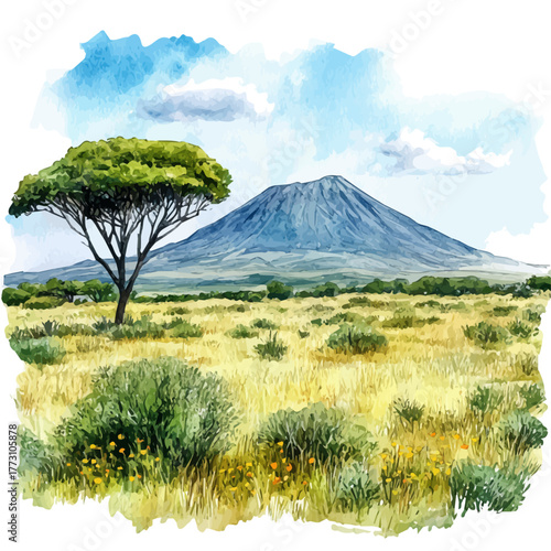 Mount Kilimanjaro, watercolor painting vector, isolated on a white background.