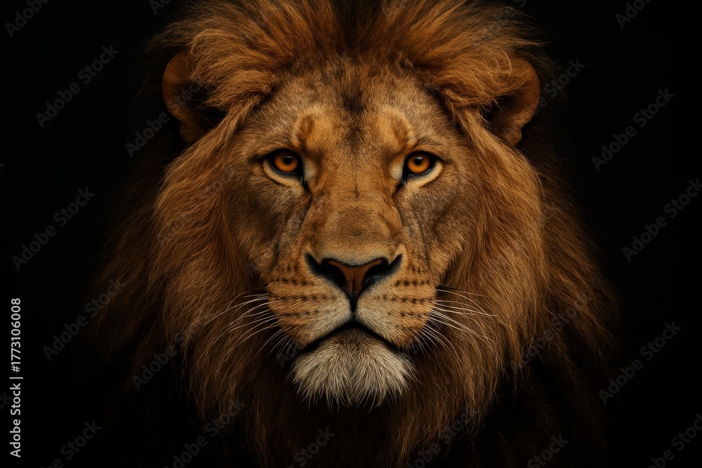 Fototapeta premium Majestic lion head close up with dramatic golden fur and piercing eyes on dark