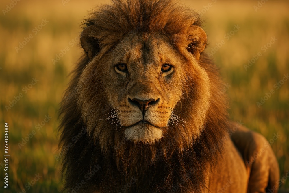Obraz premium Majestic male lion resting on sunlit savanna with golden mane and piercing gaze