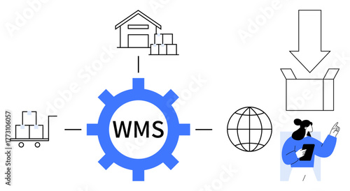 Gear labeled WMS connects to warehouse, boxes, cart, globe, arrow, and worker with clipboard. Ideal for logistics, shipping, software inventory efficiency global supply chain simple flat metaphor