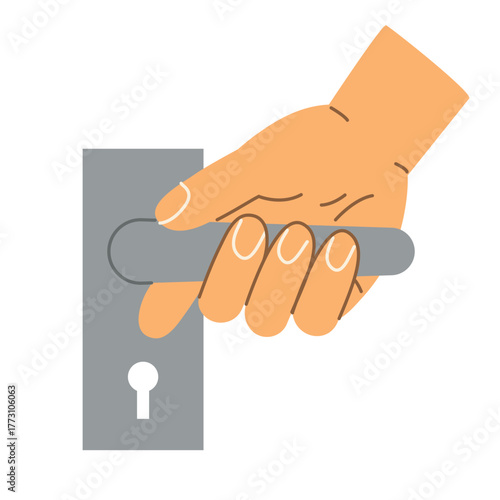 hand holding door handle; opening, closing apartment; security, safety, hygiene concept- vector illustration