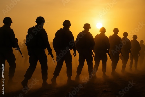 Modern soldier formation silhouettes at sunrise with dust haze and dramatic light