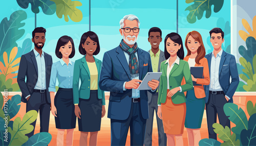 Diverse professional business team portrait with senior leader holding a tablet in a green office