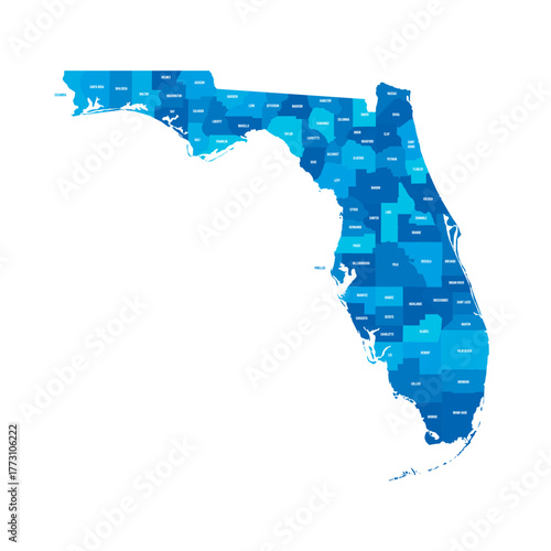 Florida, FL - detailed political map of US state. Administrative map divided into counties. Blue map with county name labels. Vector illustration