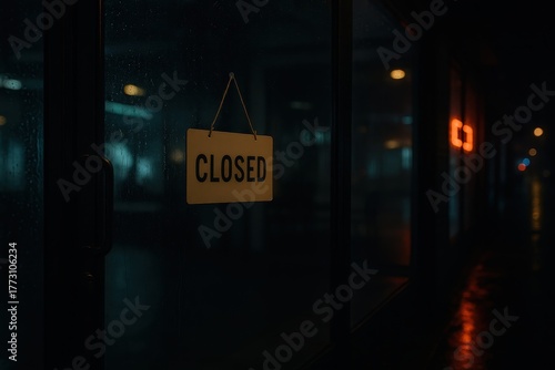 Night storefront with handwritten closed sign on rain speckled glass and reflections