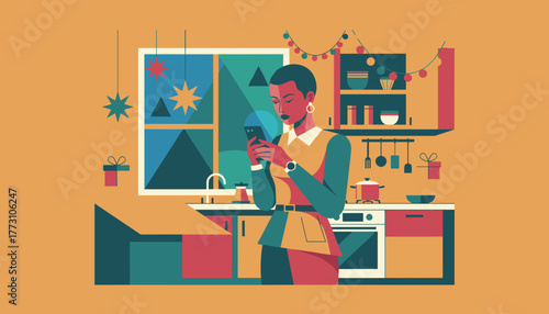 A stylish woman uses her smartphone in a festive decorated kitchen Technology and holiday lifestyle