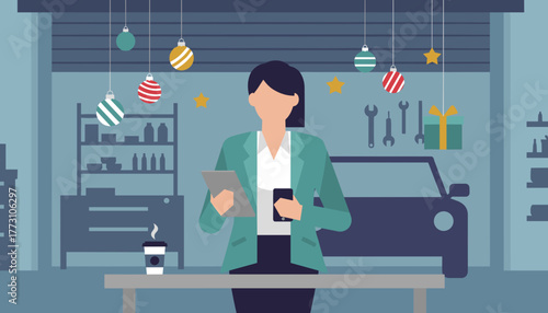 Businesswoman manages holiday auto repair services in a decorated garage using a tablet