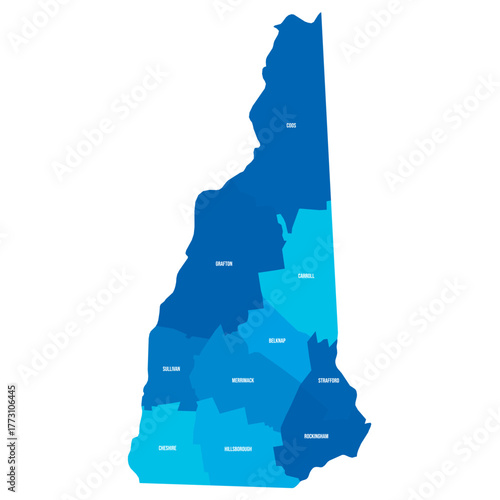 New Hampshire, NH - detailed political map of US state. Administrative map divided into counties. Blue map with county name labels. Vector illustration