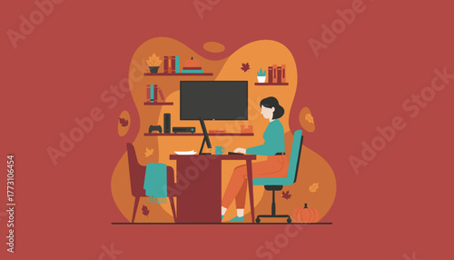 Woman working on a computer in a cozy autumn home office setting Remote work illustration