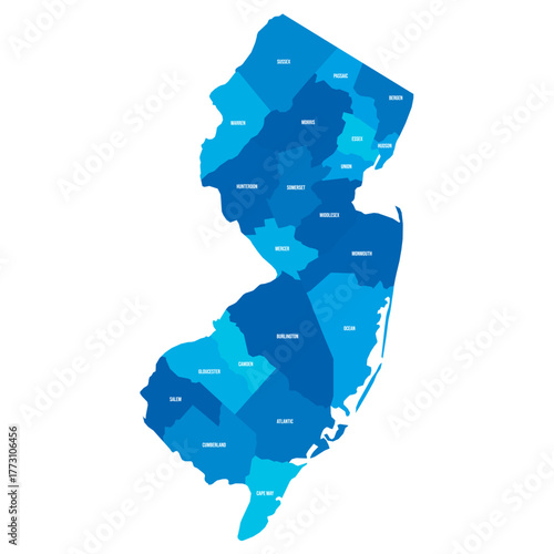 New Jersey, NJ - detailed political map of US state. Administrative map divided into counties. Blue map with county name labels. Vector illustration