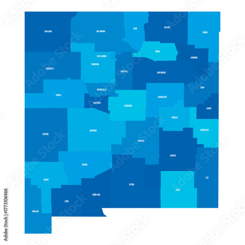 New Mexico, NM - detailed political map of US state. Administrative map divided into counties. Blue map with county name labels. Vector illustration