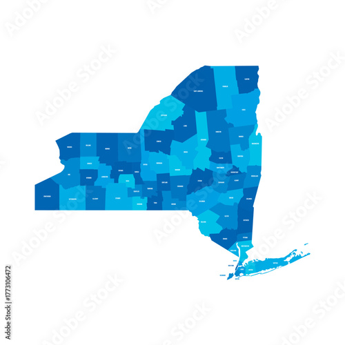 New York, NY - detailed political map of US state. Administrative map divided into counties. Blue map with county name labels. Vector illustration