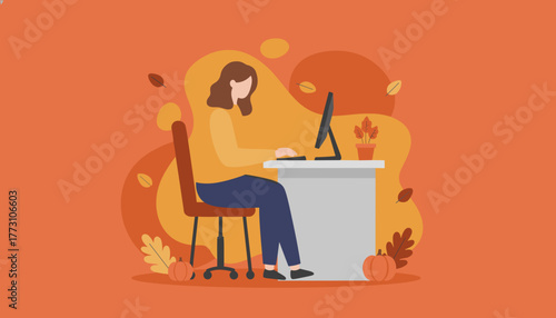 Woman working on computer in an autumnal office setting Fall season remote work and productivity concept