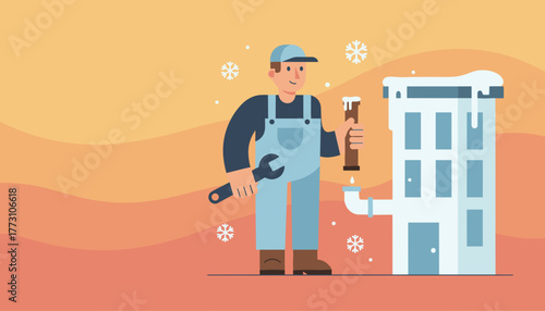 Plumber repairing burst or frozen pipes near a snowcovered building Winter plumbing service illustration