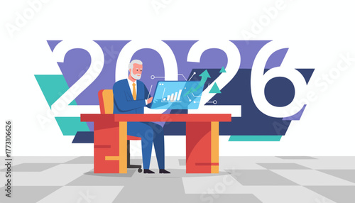 Senior executive analyzing financial growth data and future plans for the year 2026