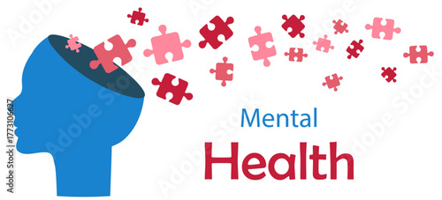 Banner. Mental health. Head and puzzles. Solving psychological problems
