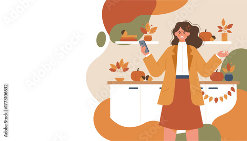 Upset woman arguing on a smartphone in an autumn kitchen Vector illustration showing digital stress