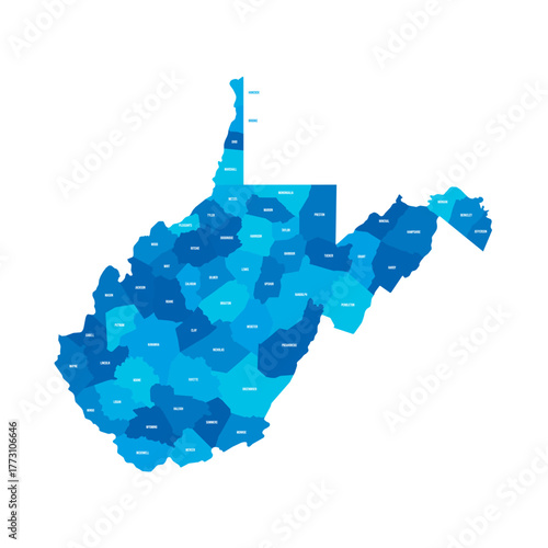 West Virginia, WV - detailed political map of US state. Administrative map divided into counties. Blue map with county name labels. Vector illustration