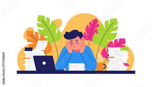 Overworked employee facing burnout and too much paperwork at a tropical desk