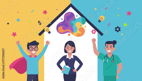 Diverse team celebrates professional success creativity and balanced careers