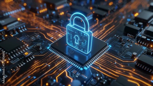 Cybersecurity technology concept padlock icon glowing on a microchip with orange electric current flowing in background technology security data protection