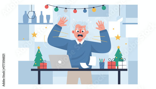 Stressed senior man panics at his holiday decorated desk overwhelmed by work deadlines