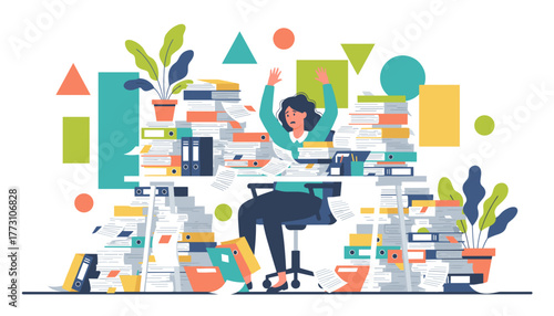 Stressed worker buried under massive paperwork Overload bureaucracy and office stress concept illustration
