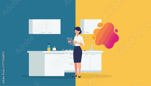 Businesswoman balancing worklife using tablet in a splitcolor kitchen representing lifestyle and ideas