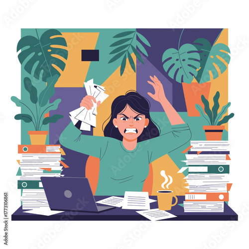 Angry employee experiencing burnout and excessive workload in a busy office environment