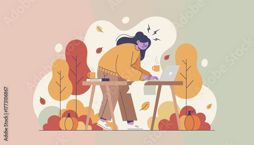 Remote worker stressed by a deadline in an autumn outdoor setting
