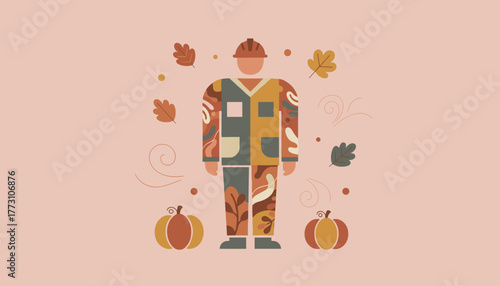 Abstract fall worker illustration with pumpkins and leaves symbolizing seasonal labor