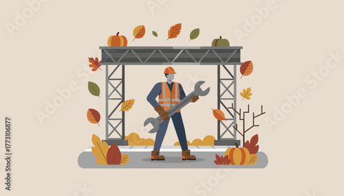 Construction worker holding wrench under a truss structure with pumpkins and autumn leaves flat design