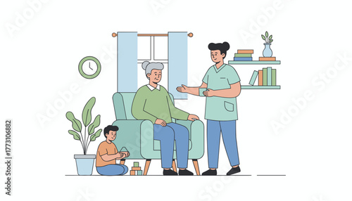 Nurse caring for senior woman at home Family healthcare support and intergenerational bonding