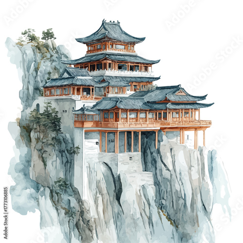 Mount Emei, watercolor vector, isolated on a white background.