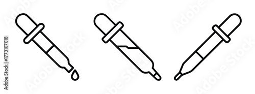 Three outline dropper illustrations for science lab experiments and medical research applications use