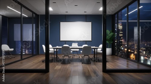 Modern corporate conference room with night city view background and blank presentation screen for business meetings and professional presentations