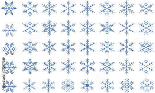 Beautiful collection of diverse blue snowflakes, each a unique crystalline masterpiece, perfect for winter holiday designs and festive decorations.