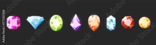 A vibrant collection of sparkling, multifaceted gemstones in various shapes and colors, set against a dark background.