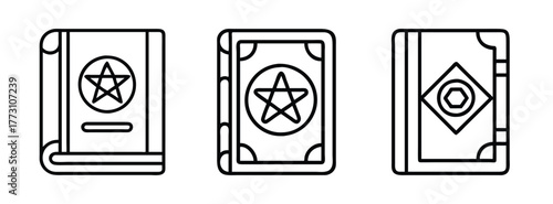 Vector illustration of occult grimoire spell book with pentagram and magic symbols line art drawing